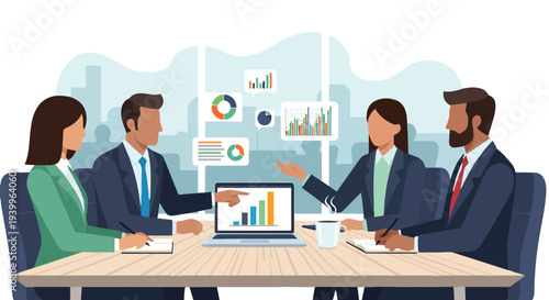 Business team discussing financial graphs on laptop at a meeting in modern office setting