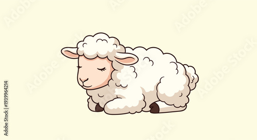 Adorable white sheep with fluffy wool is peacefully sleeping with its eyes closed against a soft cream colored background.