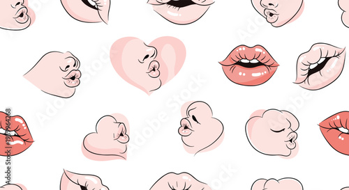 Playful seamless pattern showcases a variety of feminine lip expressions including pouts, smiles, and blowing kisses with heart accents.