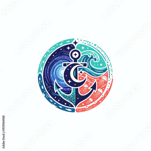 Vibrant anchor emblem with swirling waves and stars in a circular design, surrounded by a mix of blue, green, and red hues, set against a clean background, viewed from directly above