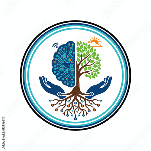 Tree with blue brain and green leaves surrounded by hands in a circular emblem depicting harmony and nature.