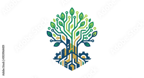 Vector illustration of a tree with circuit board trunk and leaves, symbolizing technology and nature fusion, isolated on a clean background, viewed from the front