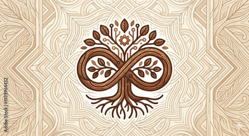 Infinity symbol intertwined with tree roots and leaves on intricate patterned background