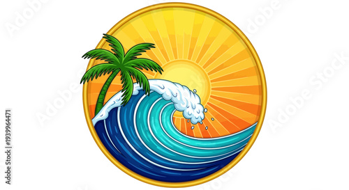Tropical beach scene with palm tree and wave in circular frame.