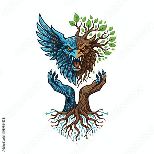 Mythical creature emerging from tree roots with leaves, fantasy illustration of a griffin, symbolic representation of nature and power