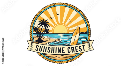 Sunshine Crest beach logo with surfboard and palm trees.