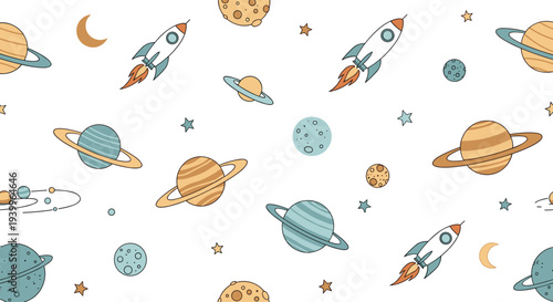 Infinite space travel seamless pattern displays rockets soaring among diverse planets and stars in a cartoon universe.