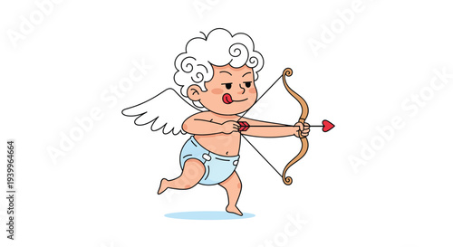 Playful cupid character with white wings and a golden bow aims a heart tipped arrow to spread love and romance.