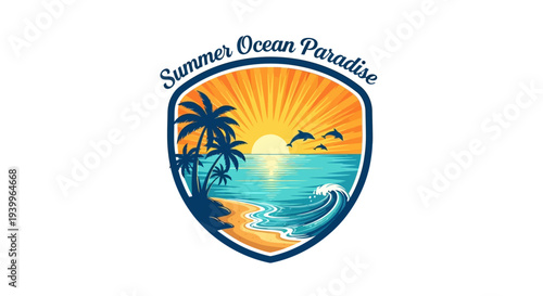 Summer Ocean Paradise Beach Scene with Palm Trees and Waves.