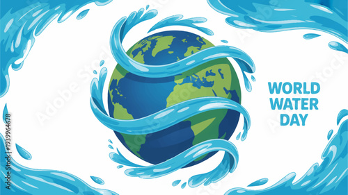 World water day earth surrounded by swirling blue waves on white background symbolizing global water conservation