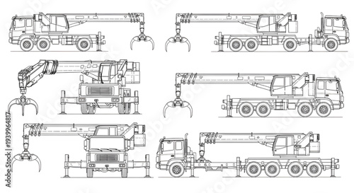 Truck Mounted Crane Manipulator AutoCAD Blueprint Vector – Multi View Industrial Lifting Machinery Technical Drawing