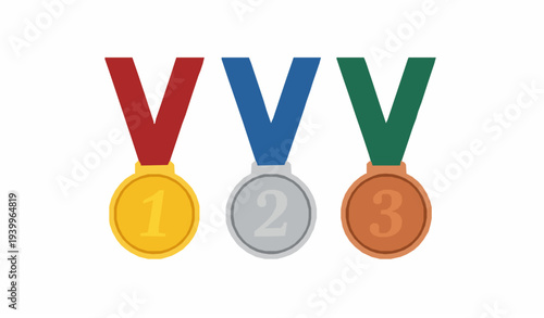 First second and third place medal awards with ribbons vector design isolated on white
