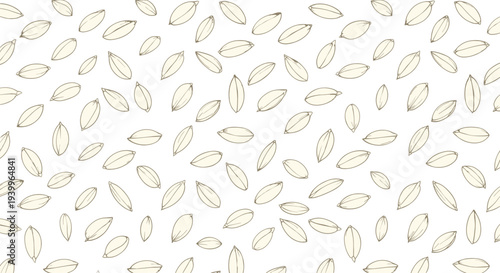 Realistic hand drawn rice grains are scattered in a seamless pattern design suitable for food and kitchen themes.