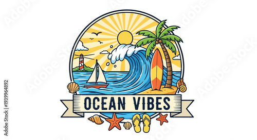 Vibrant Ocean Vibes Logo with Beach Elements and Surfboard.