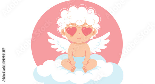 Adorable baby cupid with heart shaped eyes sits comfortably on a soft white cloud in a pink circular frame.
