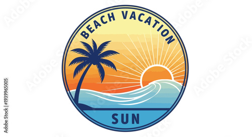 Beach vacation emblem with palm tree and sunset.