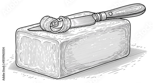 Engraving illustration of a block of butter with a butter knife