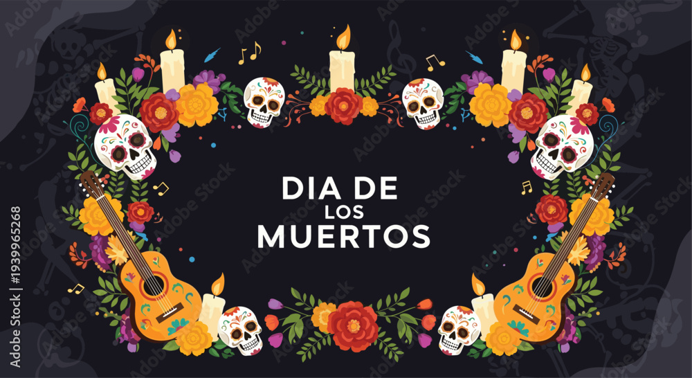 Naklejka premium Vibrant day of the dead frame features decorated sugar skulls guitars marigold flowers and candles on a black background.