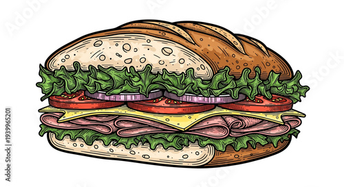 Hand drawn illustration of a submarine sandwich with ham, cheese, lettuce, tomato and onion