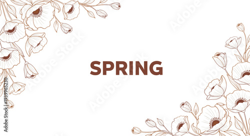 Vintage style floral frame with poppies and delicate branches surrounds the word SPRING in a warm sepia tone.