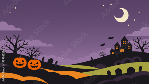 Spooky Halloween night landscape with haunted house, bats and pumpkins, flat vector background