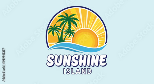 Tropical island paradise with palm trees and sunset.