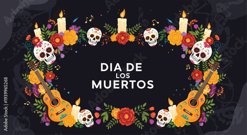 Vibrant day of the dead frame features decorated sugar skulls guitars marigold flowers and candles on a black background.