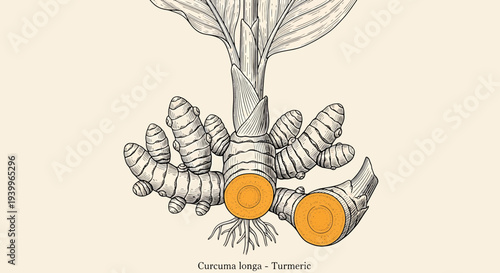 Vintage botanical illustration of curcuma longa turmeric plant with rhizomes and roots