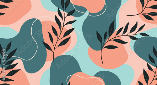 Modern abstract seamless pattern combines organic leaf branches with colorful fluid shapes for a trendy background.