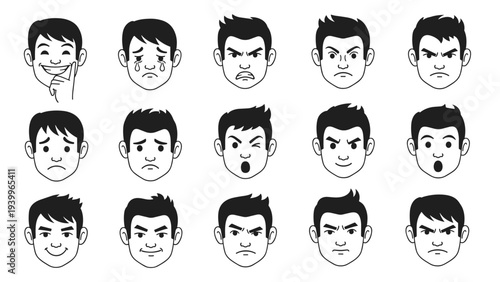 Collection of different facial expressions and emotions of a young man including happy sad angry surprised and crying in a linear style.