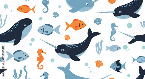 Playful underwater world pattern features cute whales narwhals seahorses and small fish swimming among bubbles.