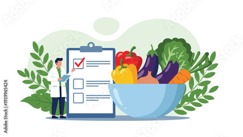 Nutritionist doctor standing near a giant checklist and a large bowl of fresh vegetables promoting healthy eating habits and diet plan.