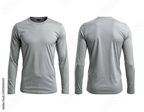 Front and back views of a plain gray long-sleeve crewneck shirt