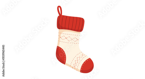 Traditional red and white christmas stocking with a knitted texture and geometric patterns for holiday decor.