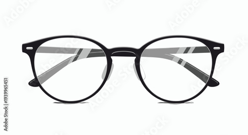 Classic black rimmed eyeglasses with clear lenses are presented in a clean and minimal front view illustration.