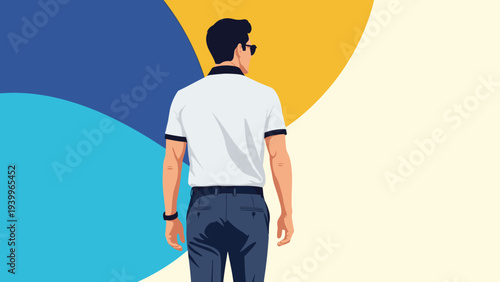 Back view of a man wearing a white polo shirt and blue trousers standing against an abstract background with blue and yellow shapes.