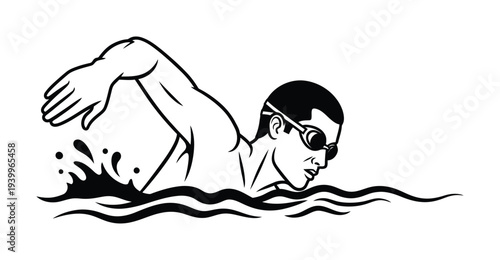 Vector of an athletic swimmer in motion wearing goggles and swimming through water