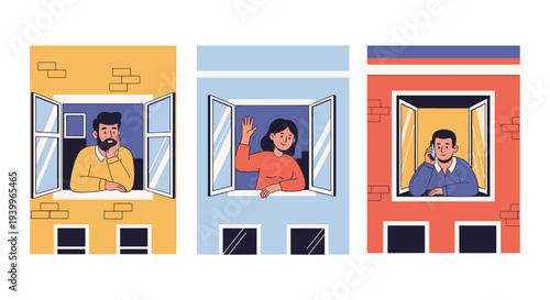 Neighborly neighbors occupy the windows of their colorful urban apartments while thinking waving and talking.