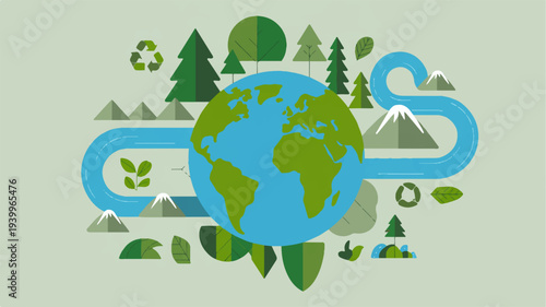 Earth surrounded by eco friendly symbols green trees mountains and recycling icons on a light green background with a blue recycling symbol