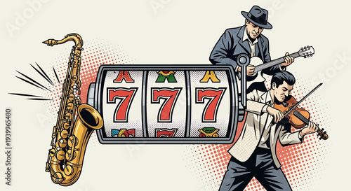 Retro illustration of musicians playing instruments with a slot machine showing triple seven jackpot