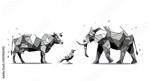 Geometric low poly illustration of a bull, an elephant, and a bird