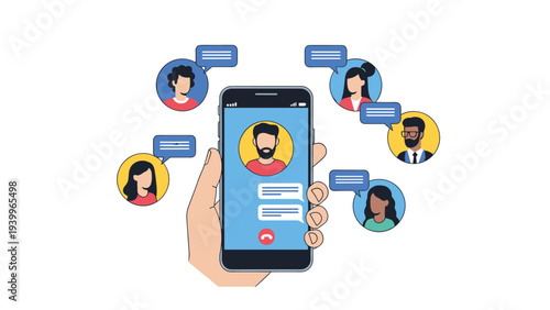 Human hand holding a smartphone displaying a messaging app with multiple user profiles and chat bubbles representing social networking.