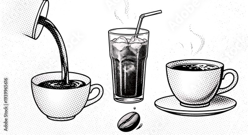 Hand drawn illustration of coffee pouring into a cup, iced coffee in a glass, and a hot cup of coffee with a coffee bean