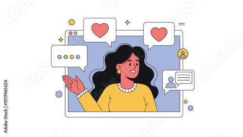 Cheerful woman appearing on a digital screen surrounded by social media notification bubbles with hearts and message icons.