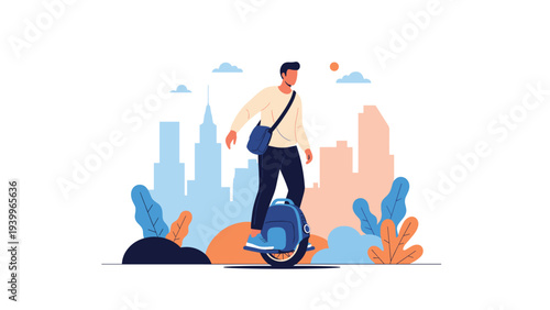 Modern man commuting through a city on a blue electric unicycle with tall buildings and abstract foliage in the background.