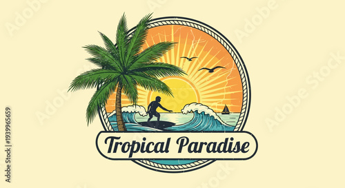 Tropical Paradise Logo with Surfer and Palm Tree.