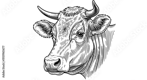Hand drawn engraving style illustration of a cow head