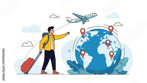 Male traveler with a suitcase pointing at a globe with multiple destination map markers as a plane flies across the sky above.