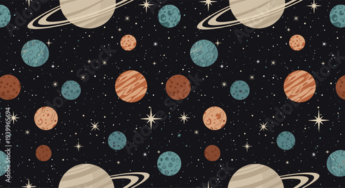 Cartoon space seamless pattern shows different planets stars and galaxies in a deep dark celestial universe.