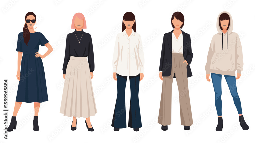 Fototapeta premium Group of five women wearing diverse casual and business casual outfits including skirts trousers shirts and a hoodie in neutral tones.